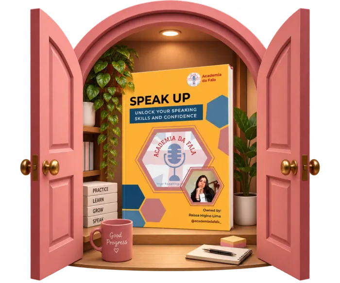 Portas rosas abertas revelando o e-book Speak Up